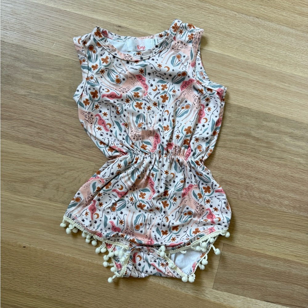 Mila & Rose Unicorn Floral Baby Romper with Pom Pom Trim